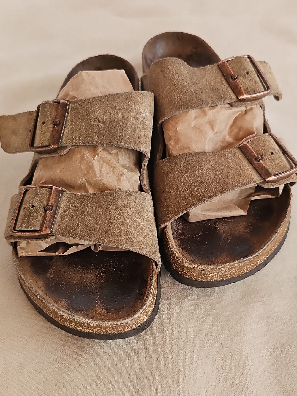 Birkenstock Two-Strap Suede Sandals in Taupe Brown
